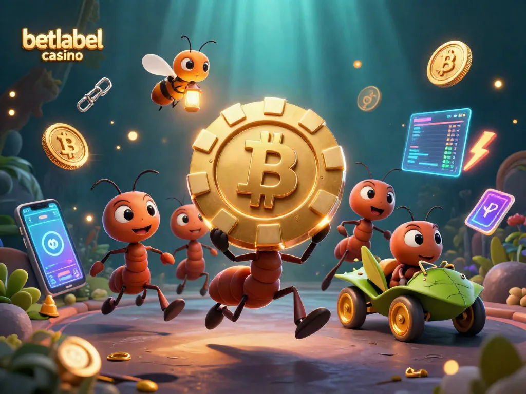 Experience the excitement of betlabel casino with animated ants heisting a giant poker chip amidst crypto elements.