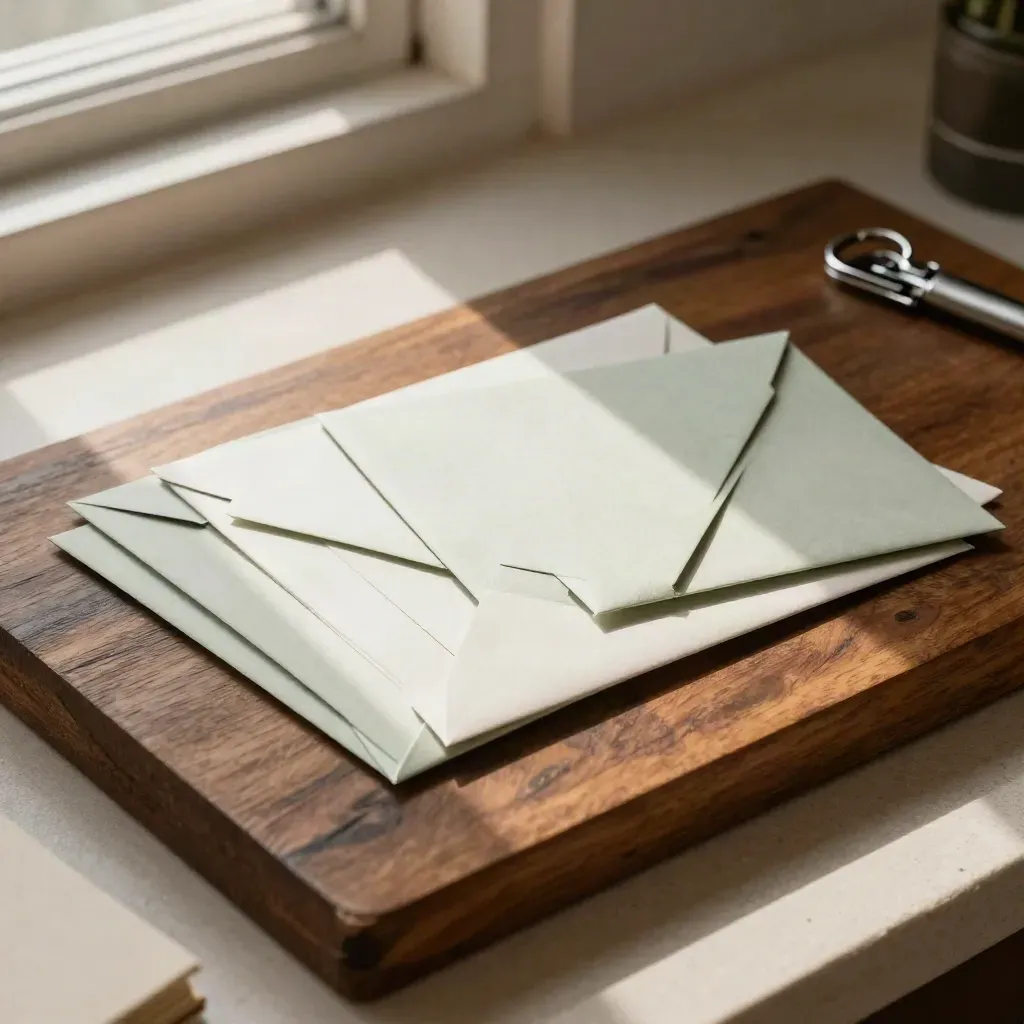 Seis sobres crema, un cuaderno oscuro y dos clips metálicos bajo luz cálida.