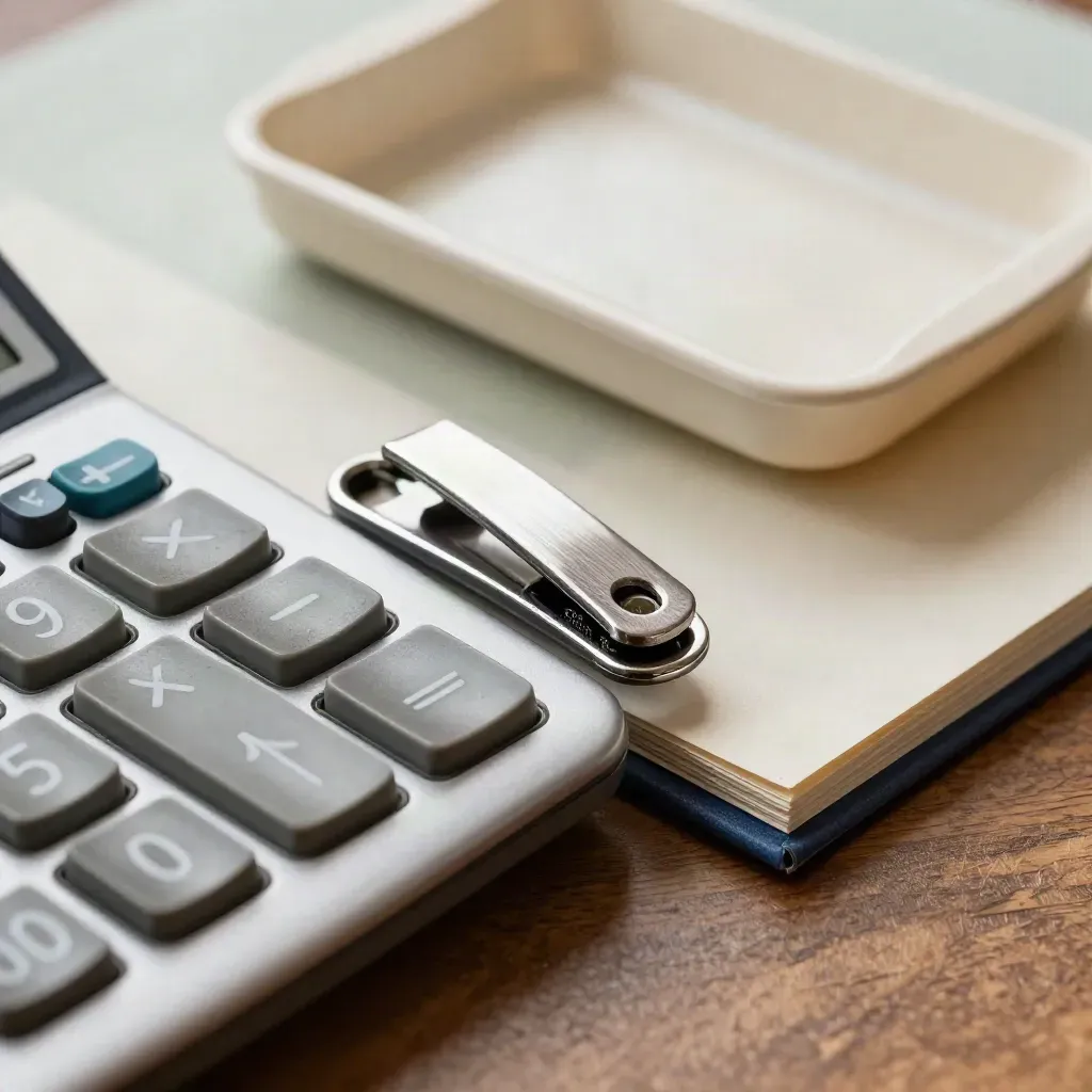 Calculadora apagada, abrecartas y carpeta rígida sobre bandeja de recibos con luz rasante.
